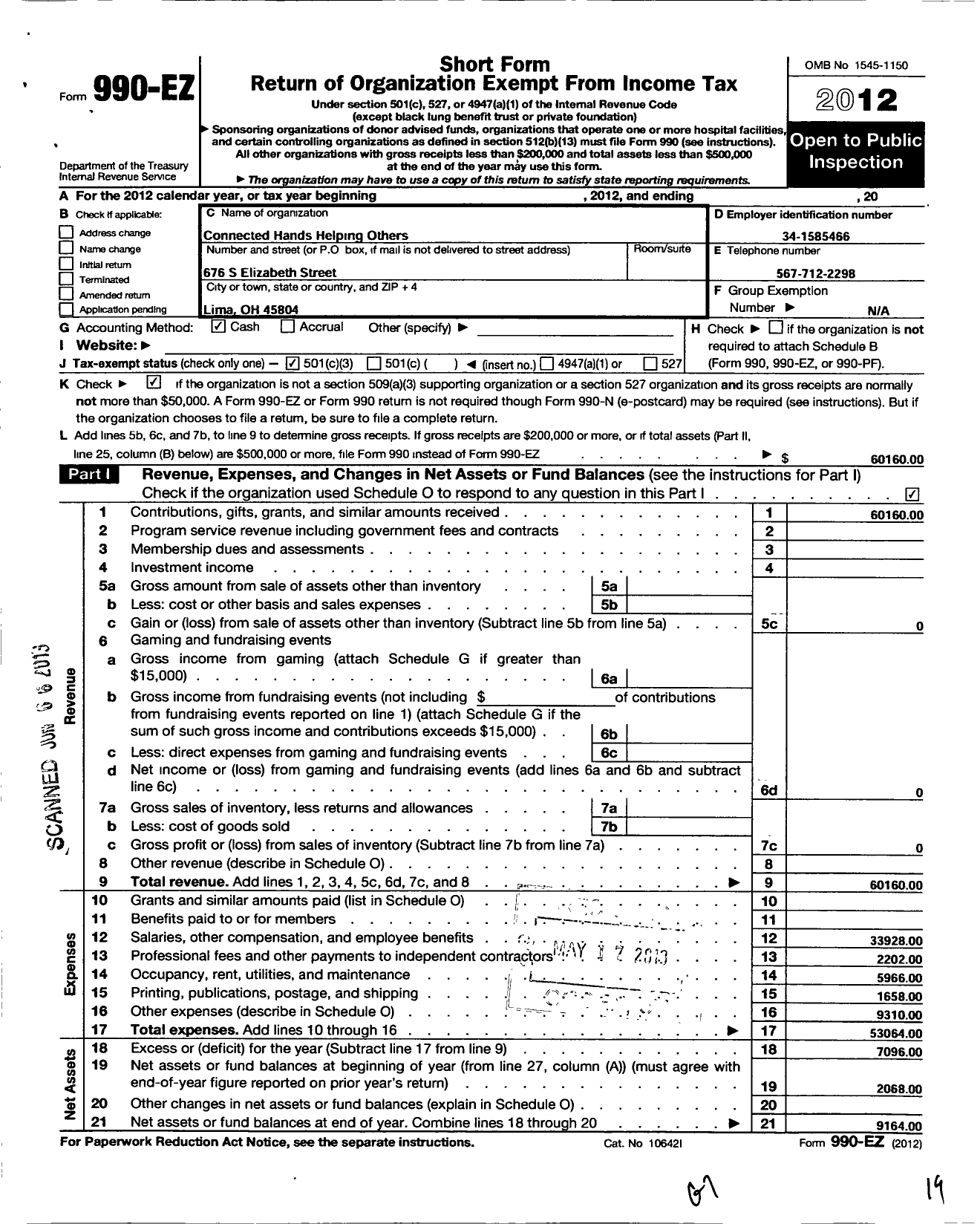 Image of first page of 2012 Form 990EZ for Connected Hands-Helping Others