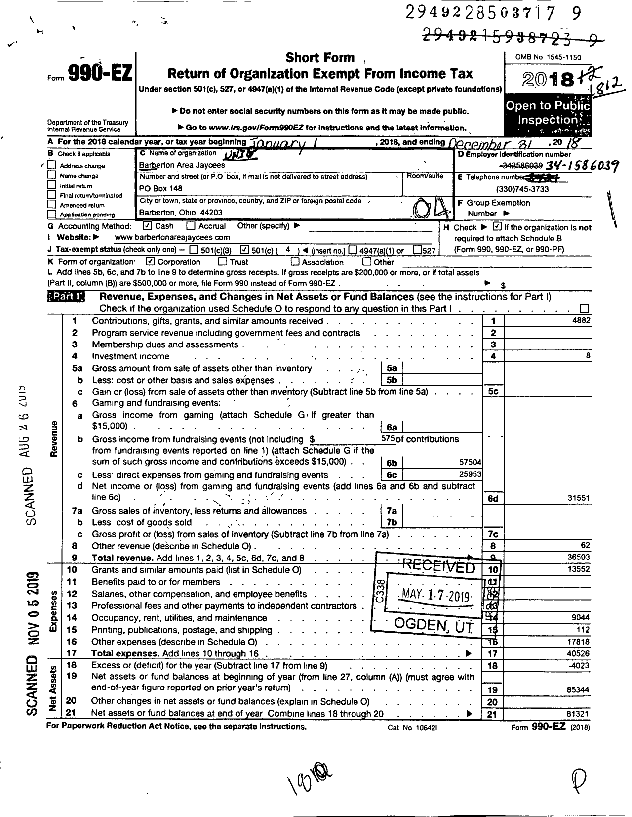 Image of first page of 2018 Form 990EO for United States Junior Chamber of Commerce / Barberton Jaycees Inc