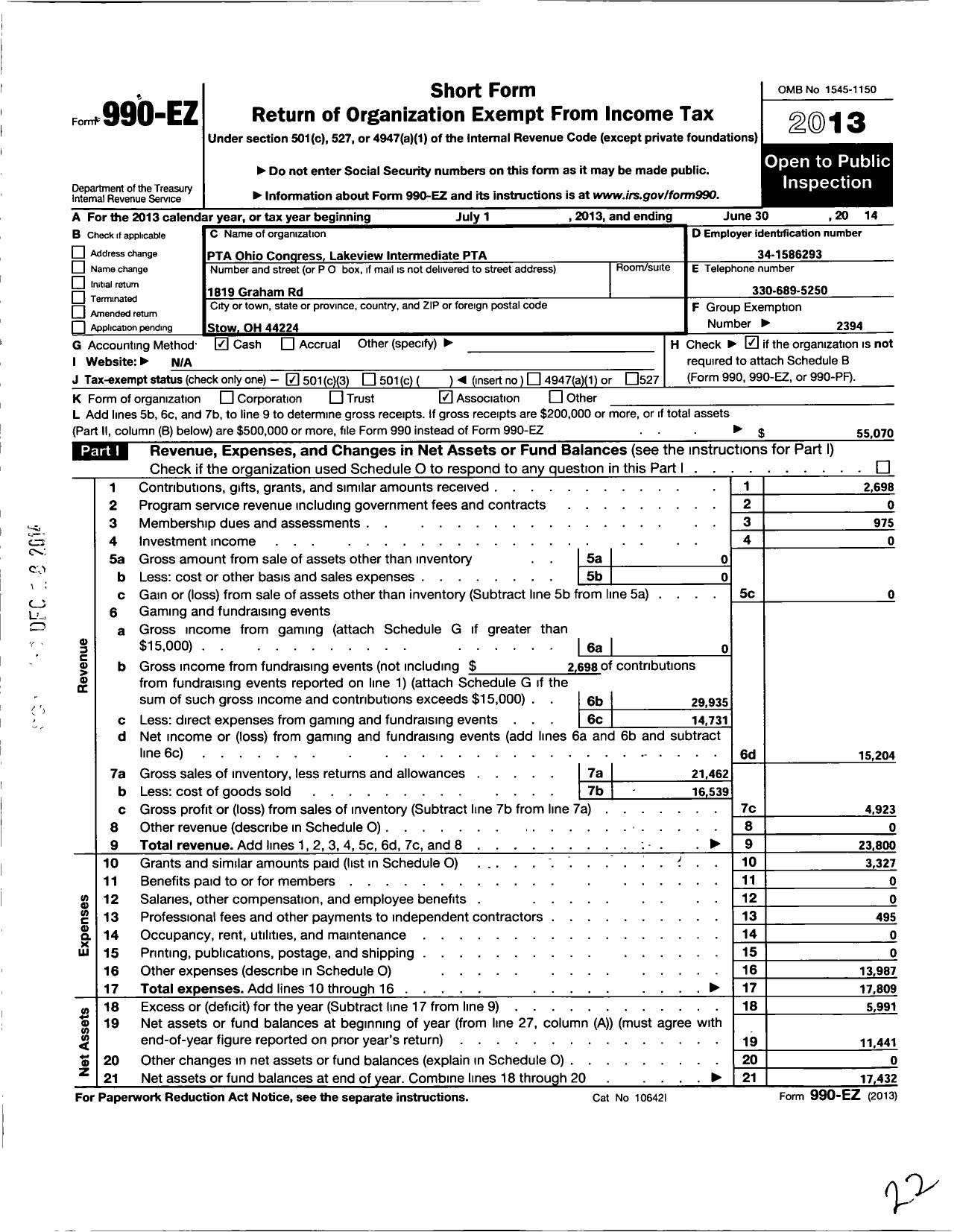 Image of first page of 2013 Form 990EZ for PTA Ohio Congress / Lakeview Elementary