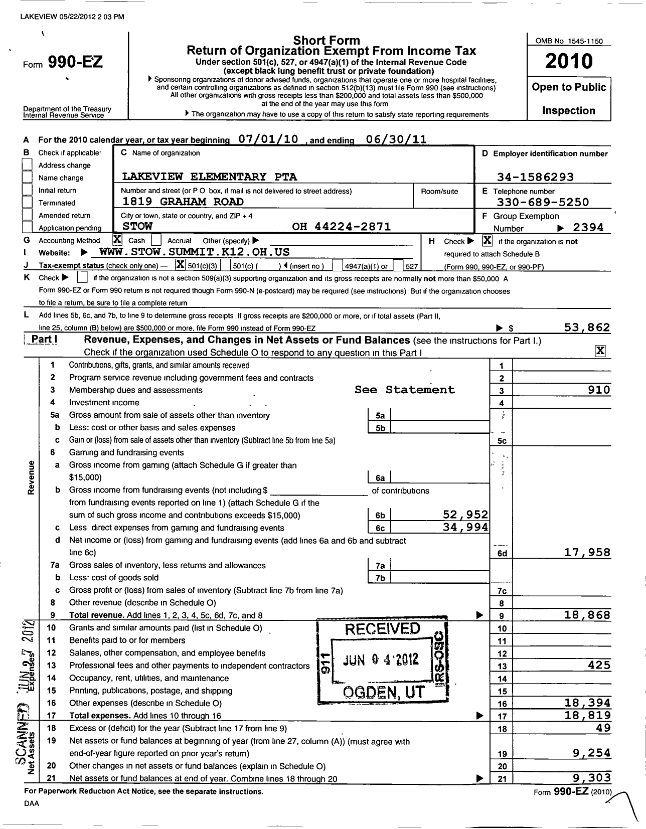 Image of first page of 2010 Form 990EZ for PTA Ohio Congress / Lakeview Elementary