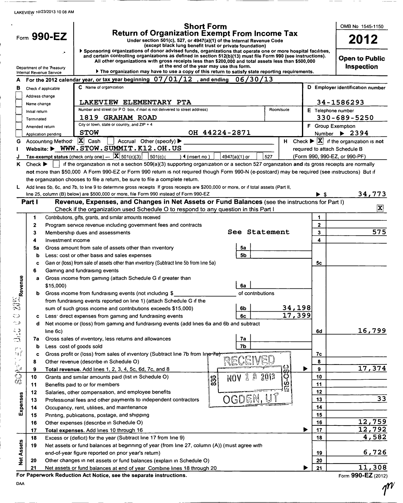 Image of first page of 2012 Form 990EZ for PTA Ohio Congress / Lakeview Elementary