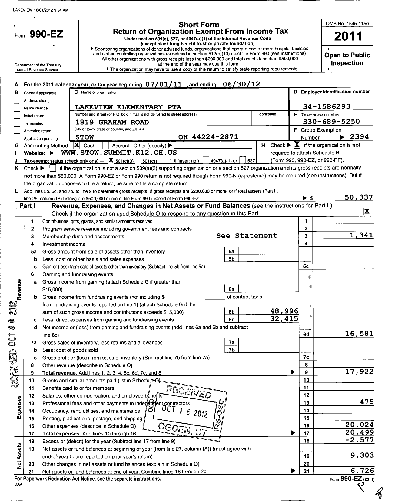 Image of first page of 2011 Form 990EZ for PTA Ohio Congress / Lakeview Elementary
