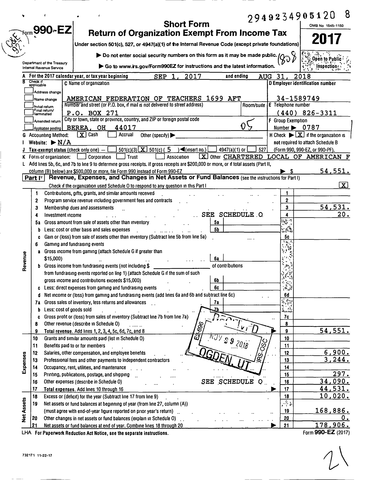 Image of first page of 2017 Form 990EO for American Federation of Teachers - 1699 Aft