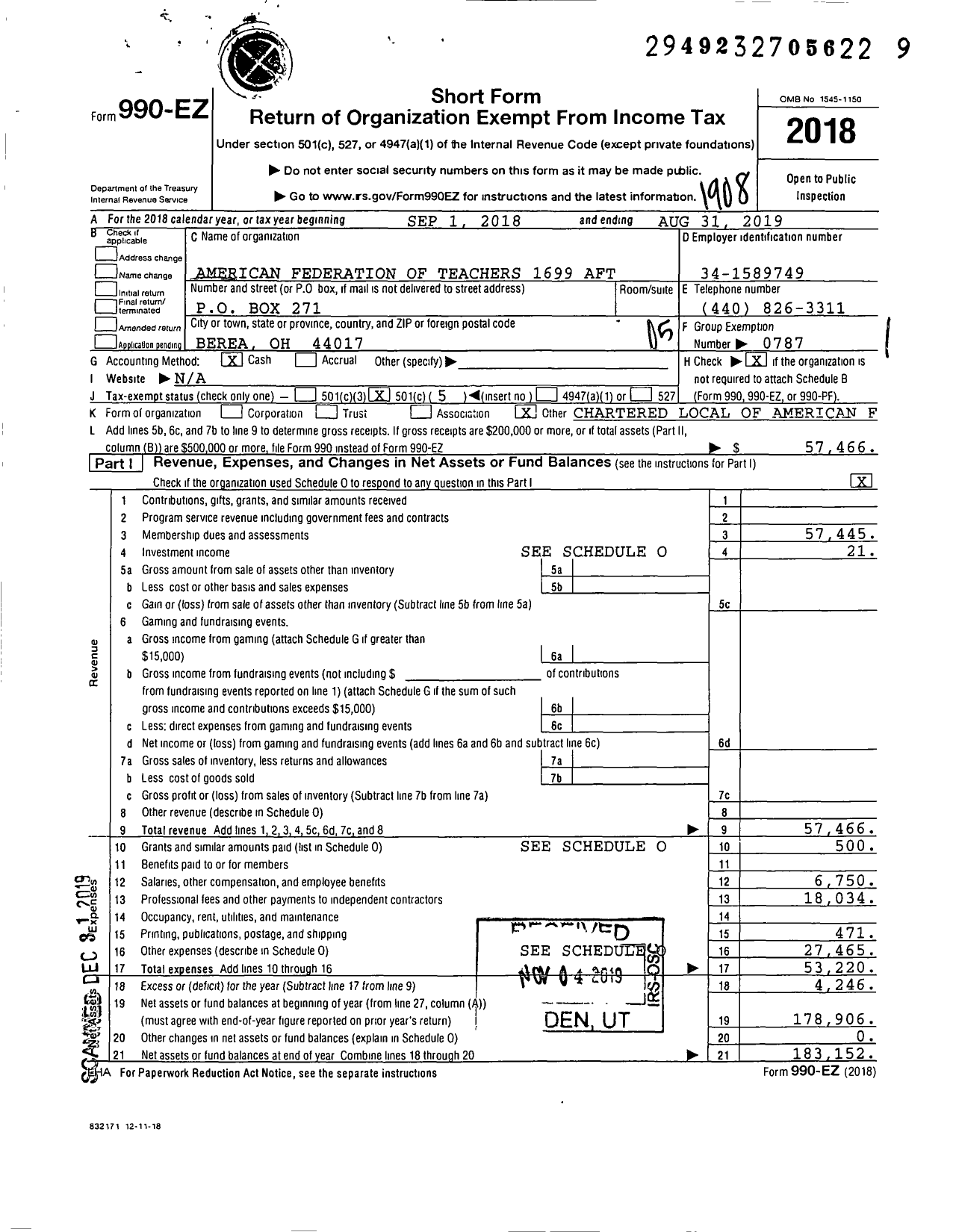 Image of first page of 2018 Form 990EO for American Federation of Teachers - 1699 Aft