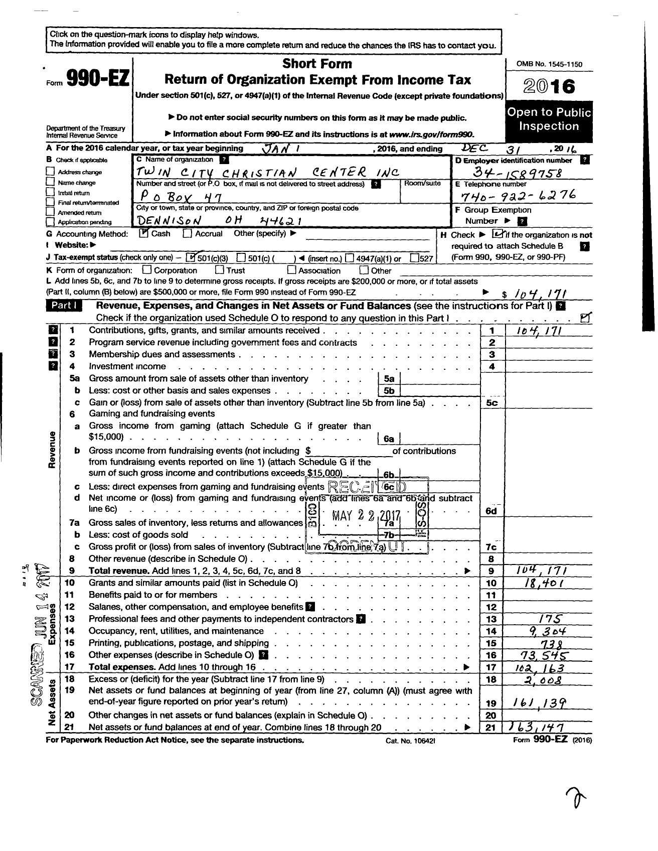 Image of first page of 2016 Form 990EZ for Twin City Christian Center