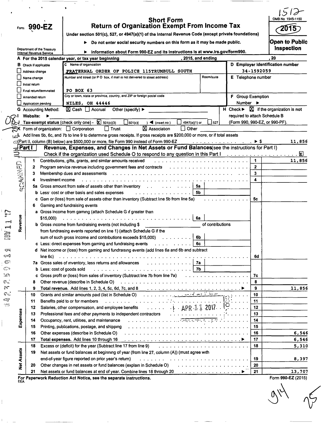 Image of first page of 2015 Form 990EZ for Fraternal Order of Police - 115 Trumbull South