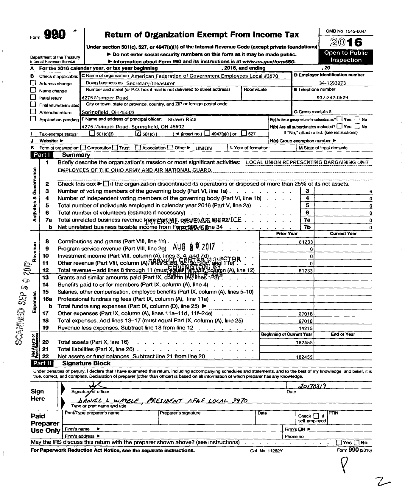 Image of first page of 2016 Form 990O for American Federation of Government Employees - 3970 Local Afge