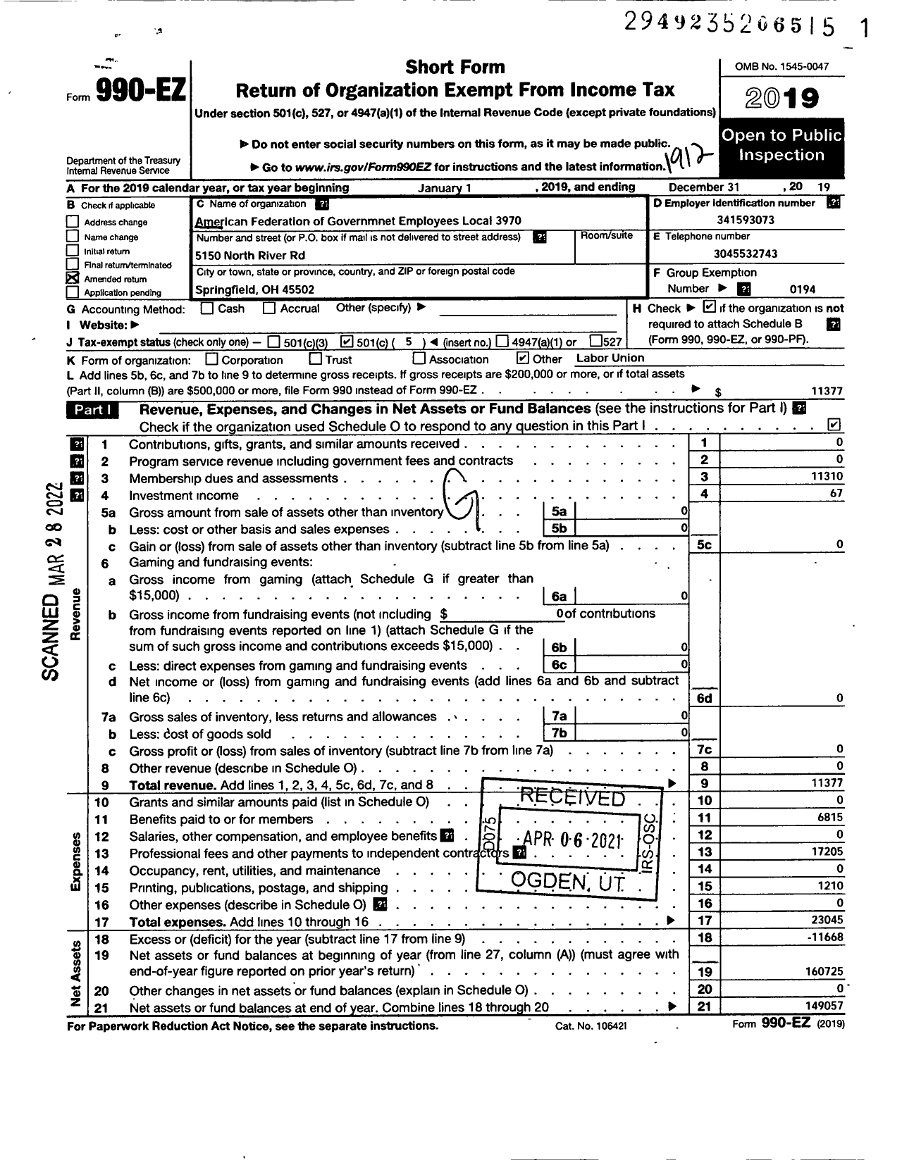 Image of first page of 2019 Form 990EO for American Federation of Government Employees - 3970 Local Afge