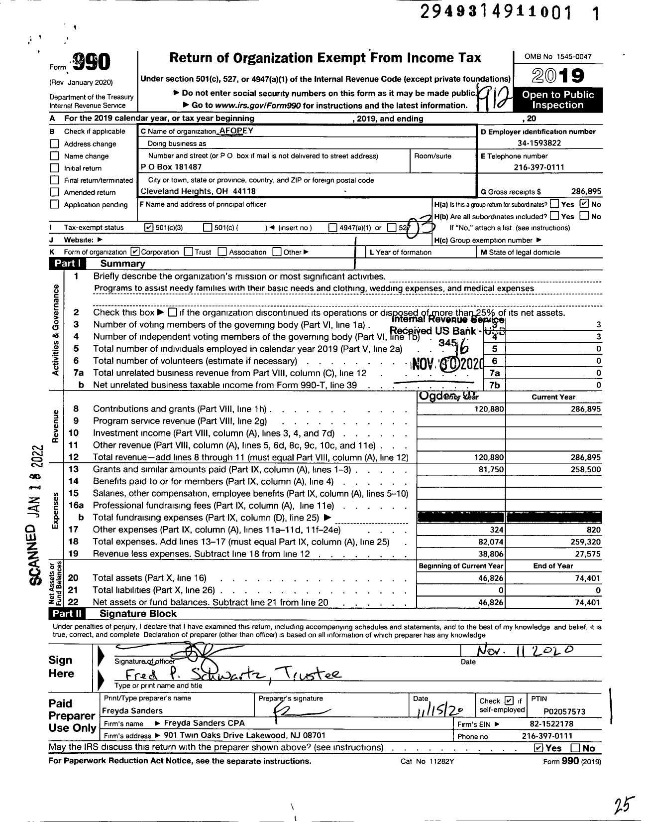 Image of first page of 2019 Form 990 for American Friends of Poseach Es Yadecha (AFOPEY)