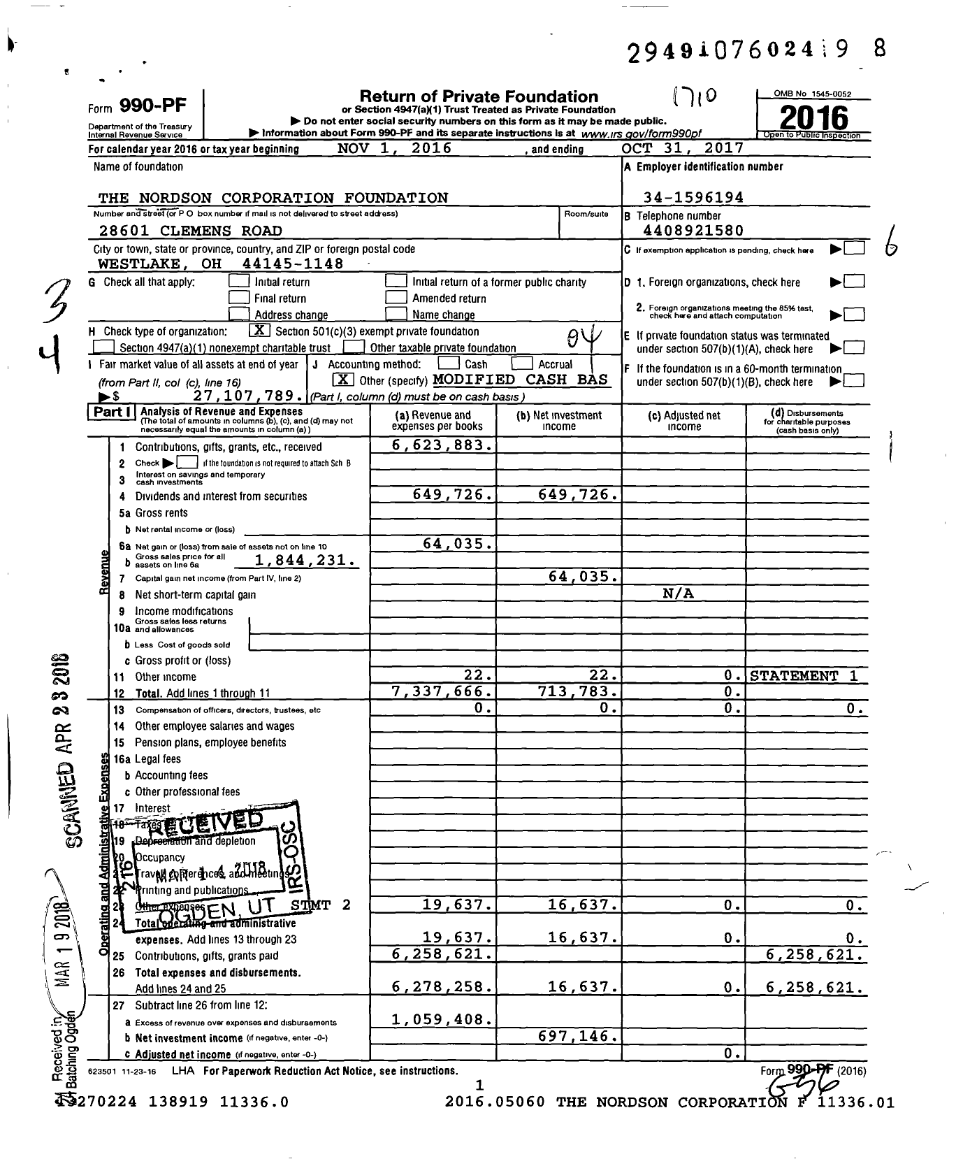 Image of first page of 2016 Form 990PF for The Nordson Corporation Foundation