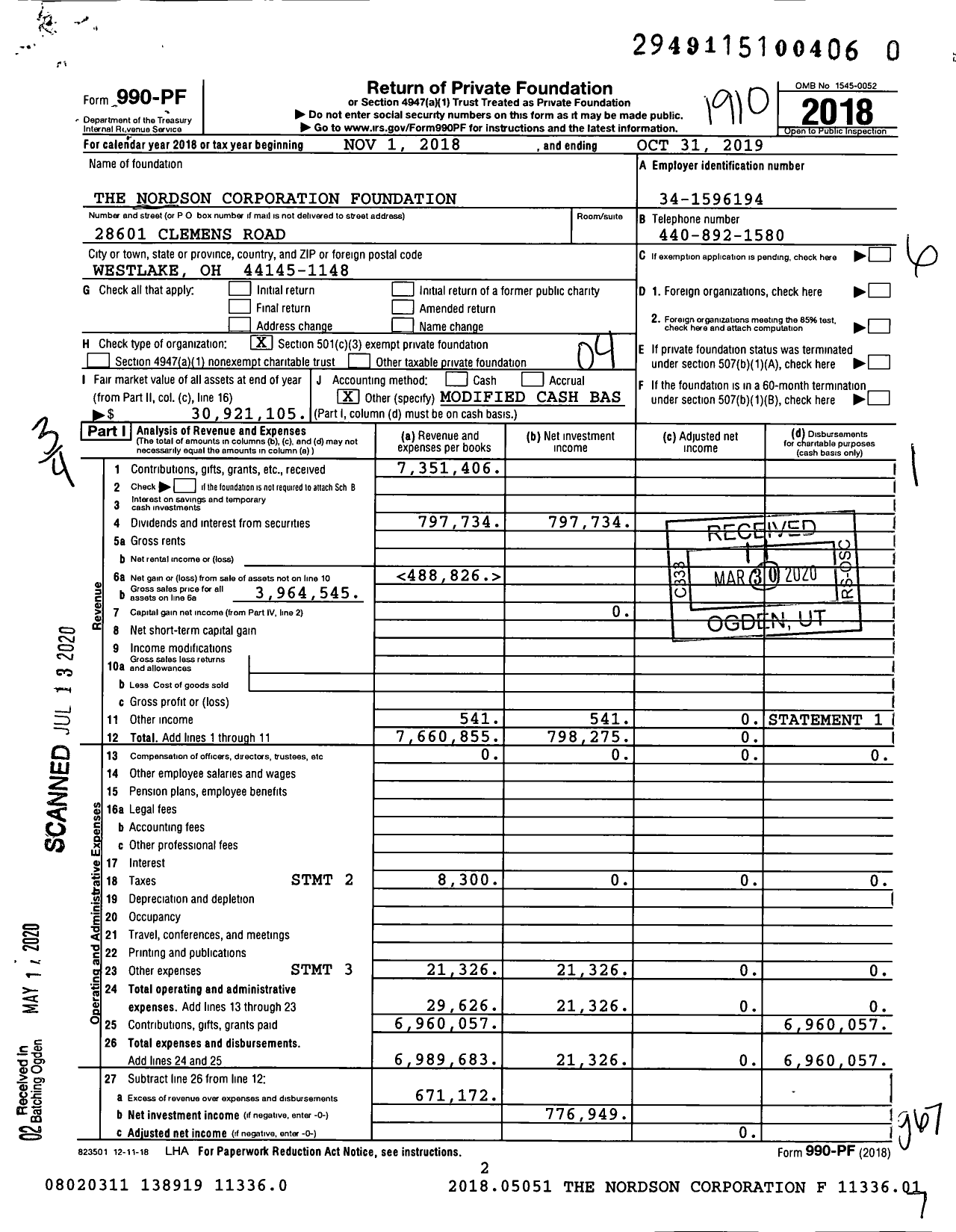 Image of first page of 2018 Form 990PR for The Nordson Corporation Foundation