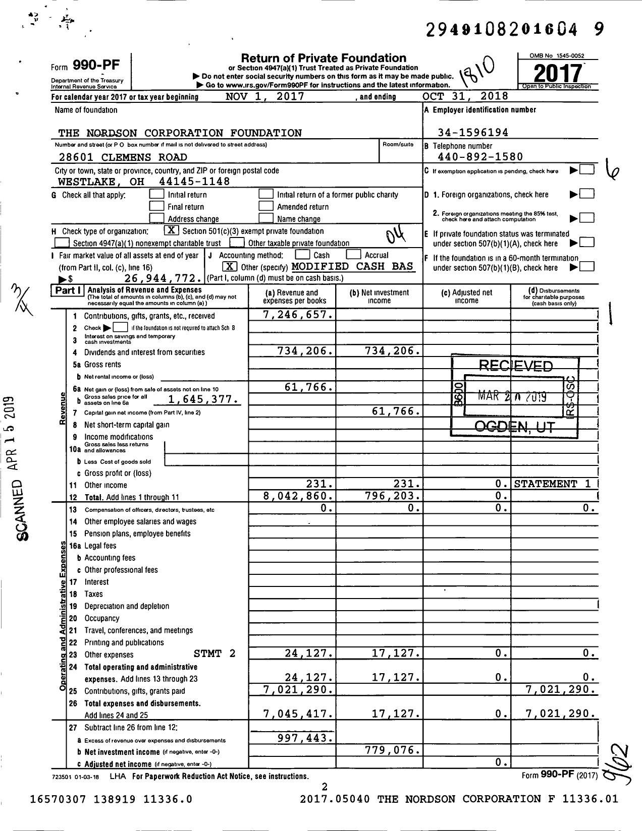 Image of first page of 2017 Form 990PF for The Nordson Corporation Foundation