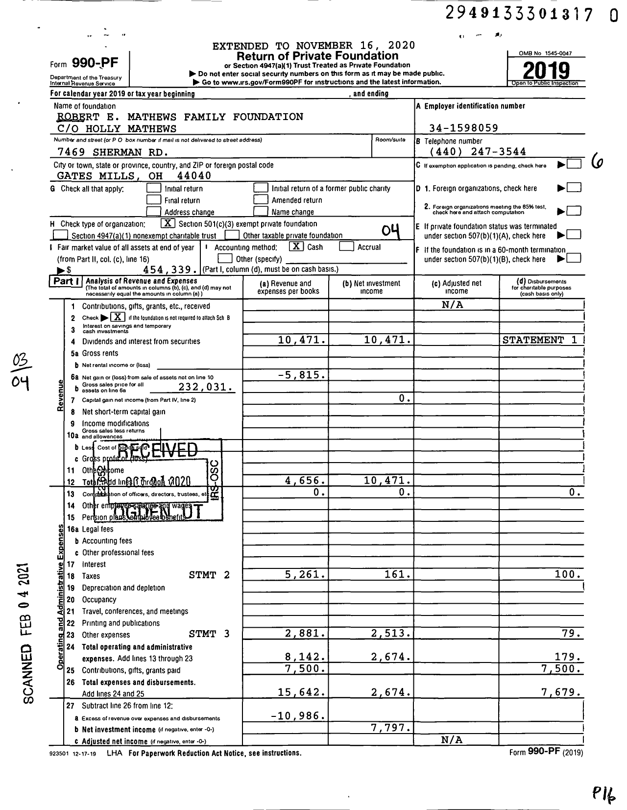 Image of first page of 2019 Form 990PF for Robert E Mathews Family Foundation