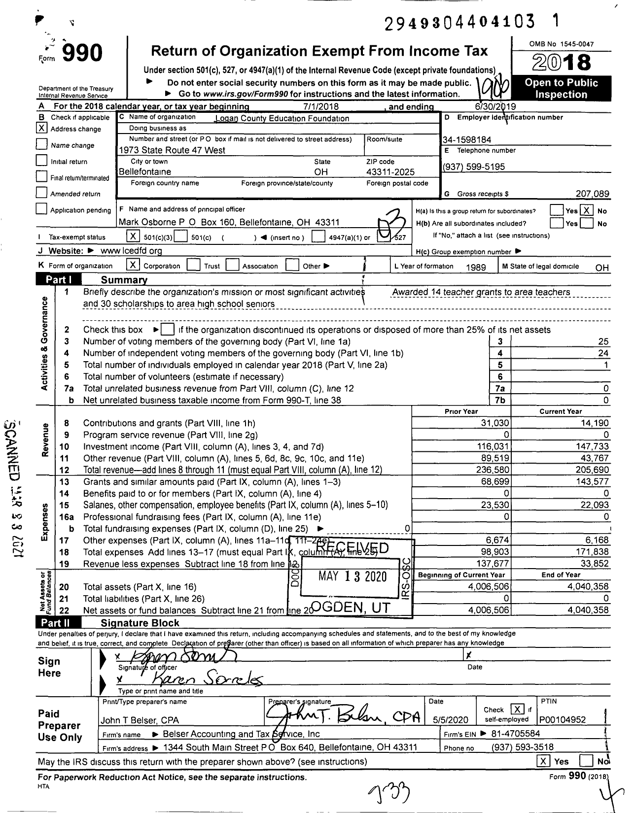 Image of first page of 2018 Form 990 for Logan County Education Foundation