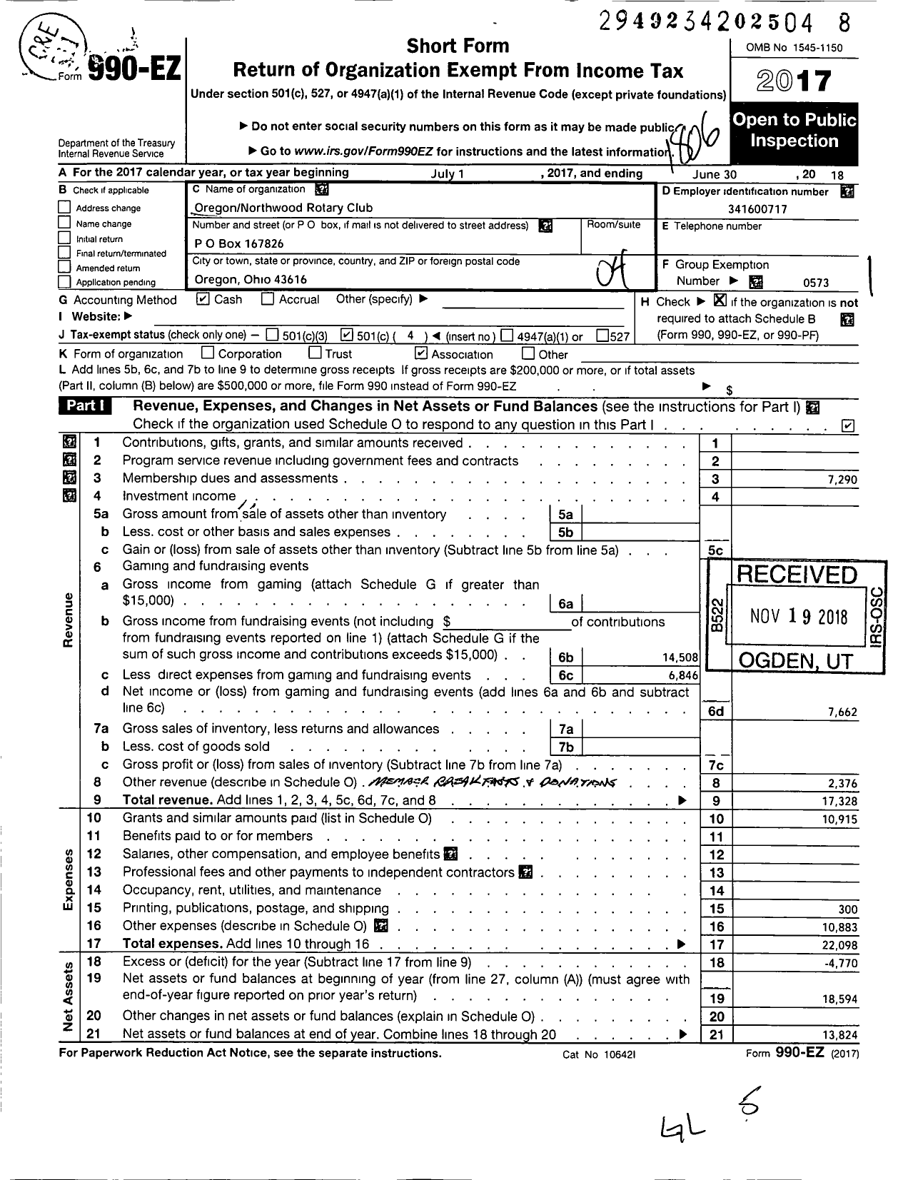 Image of first page of 2017 Form 990EO for Rotary International - Rotary Club of Oregon Northwood