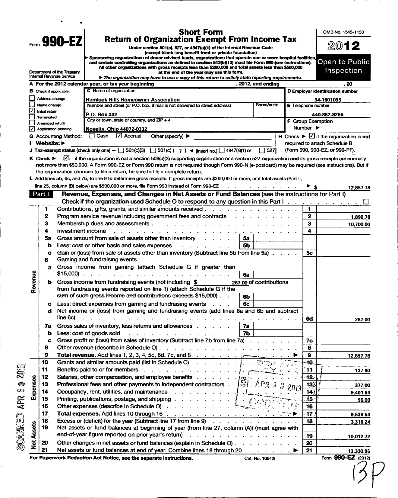 Image of first page of 2012 Form 990EO for Hemlock Hills Homeowners Association