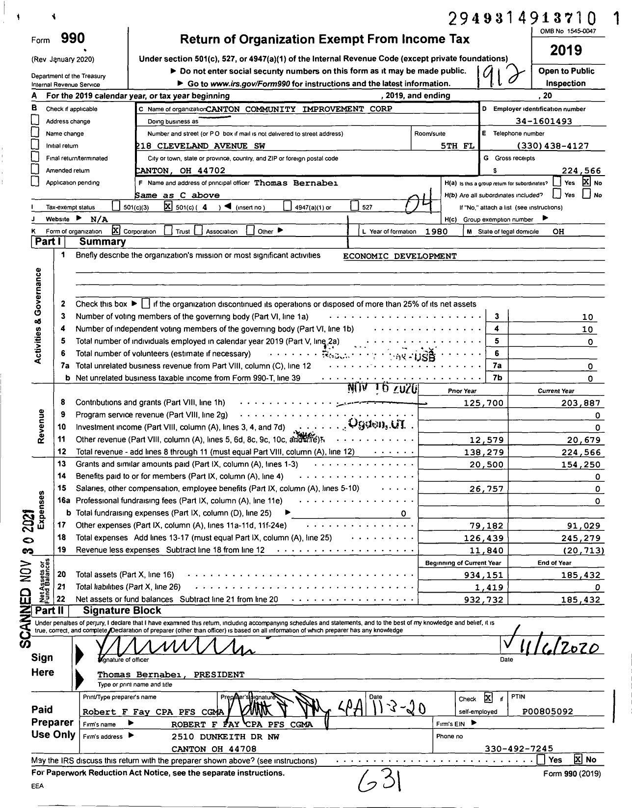 Image of first page of 2019 Form 990O for Canton Community Improvement Corporation