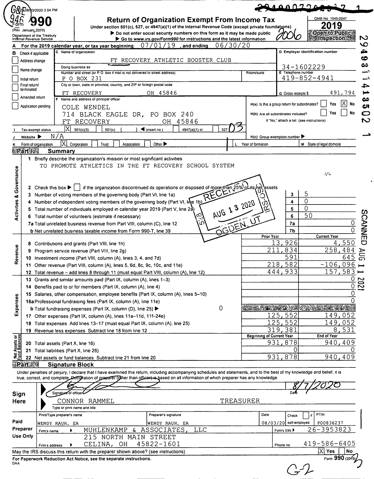 Image of first page of 2019 Form 990 for Fort Recovery Athletic Boosters