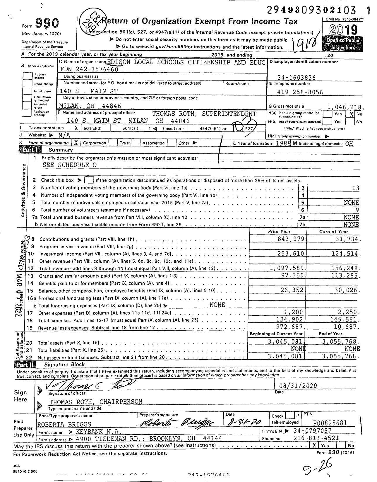 Image of first page of 2019 Form 990 for Edison Local Schools Citizenship and Educ Foundation