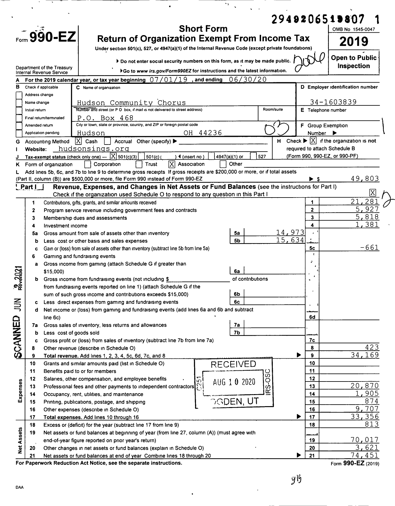 Image of first page of 2019 Form 990EZ for Hudson Community Chorus