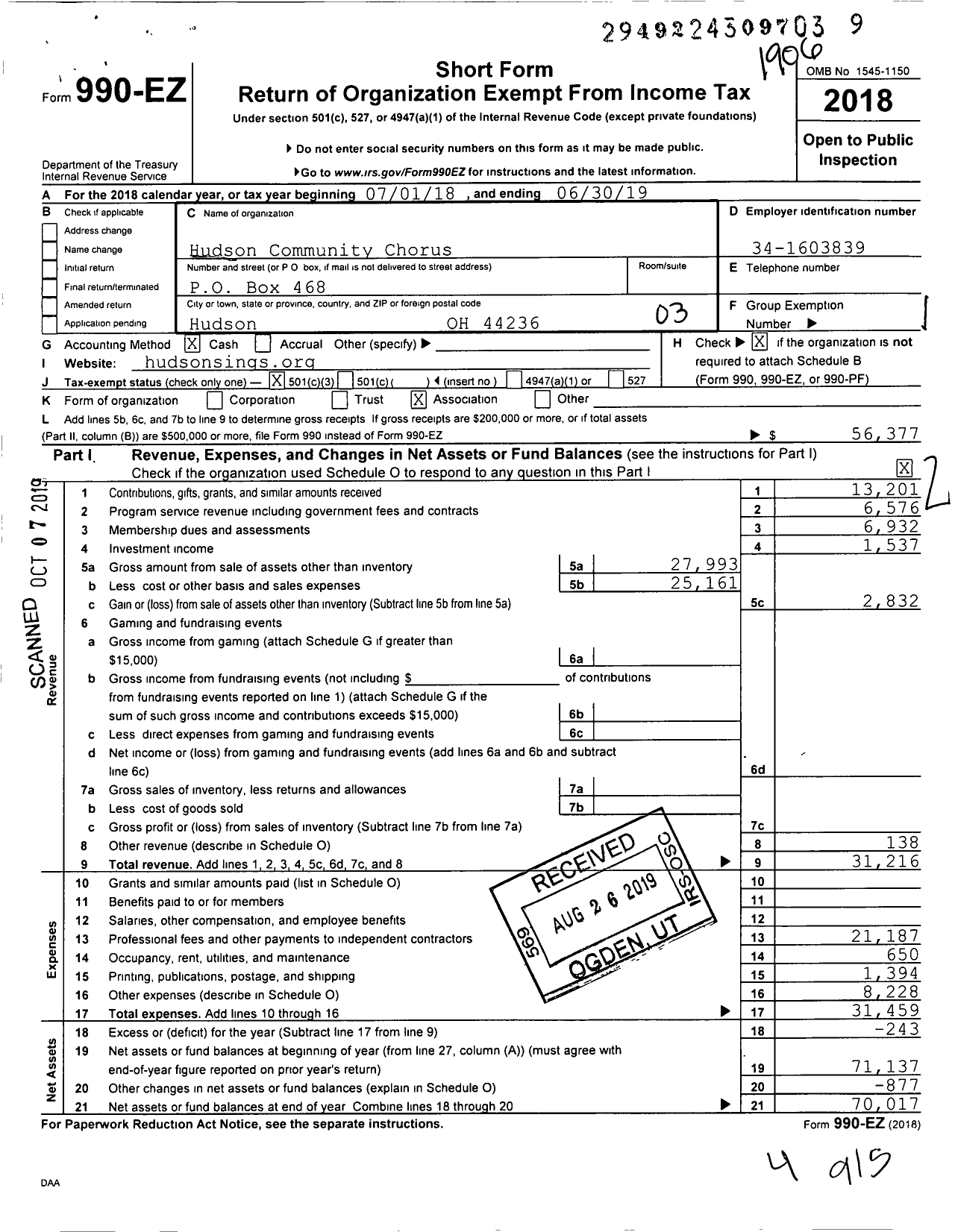 Image of first page of 2018 Form 990EZ for Hudson Community Chorus