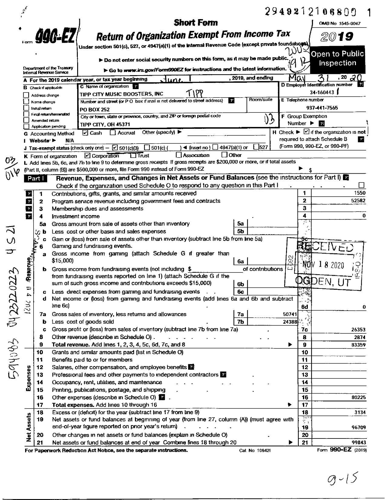 Image of first page of 2019 Form 990EZ for Tipp City Music Boosters