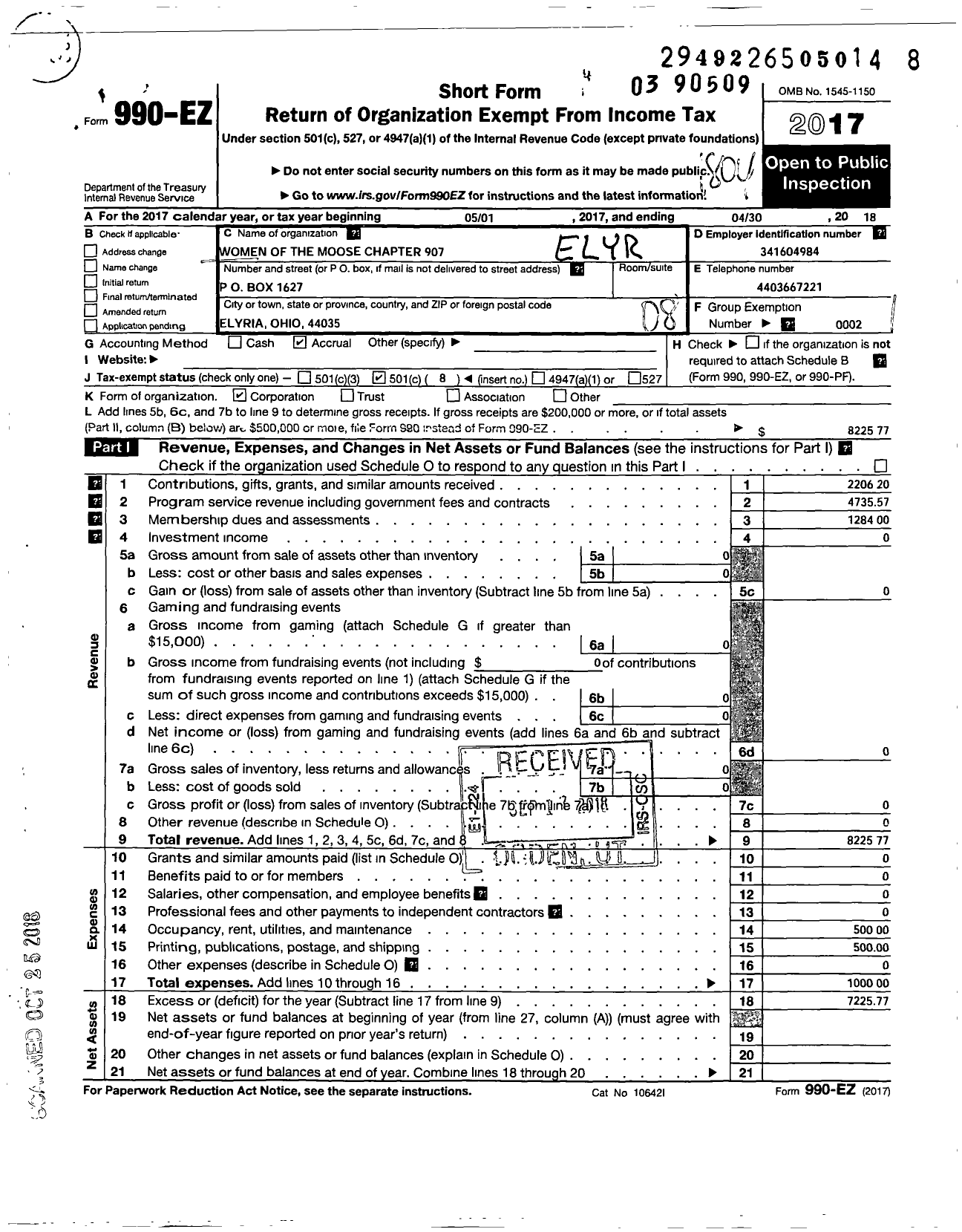 Image of first page of 2017 Form 990EO for Loyal Order of Moose - 907