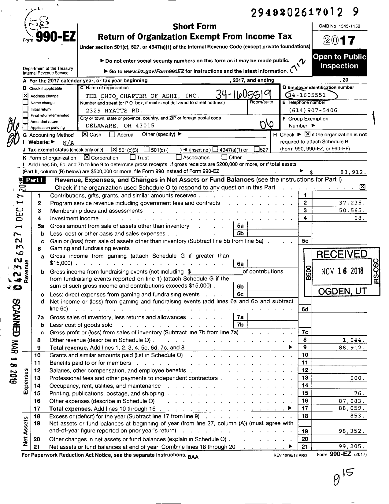 Image of first page of 2017 Form 990EO for Ohio Chapter of Ashi