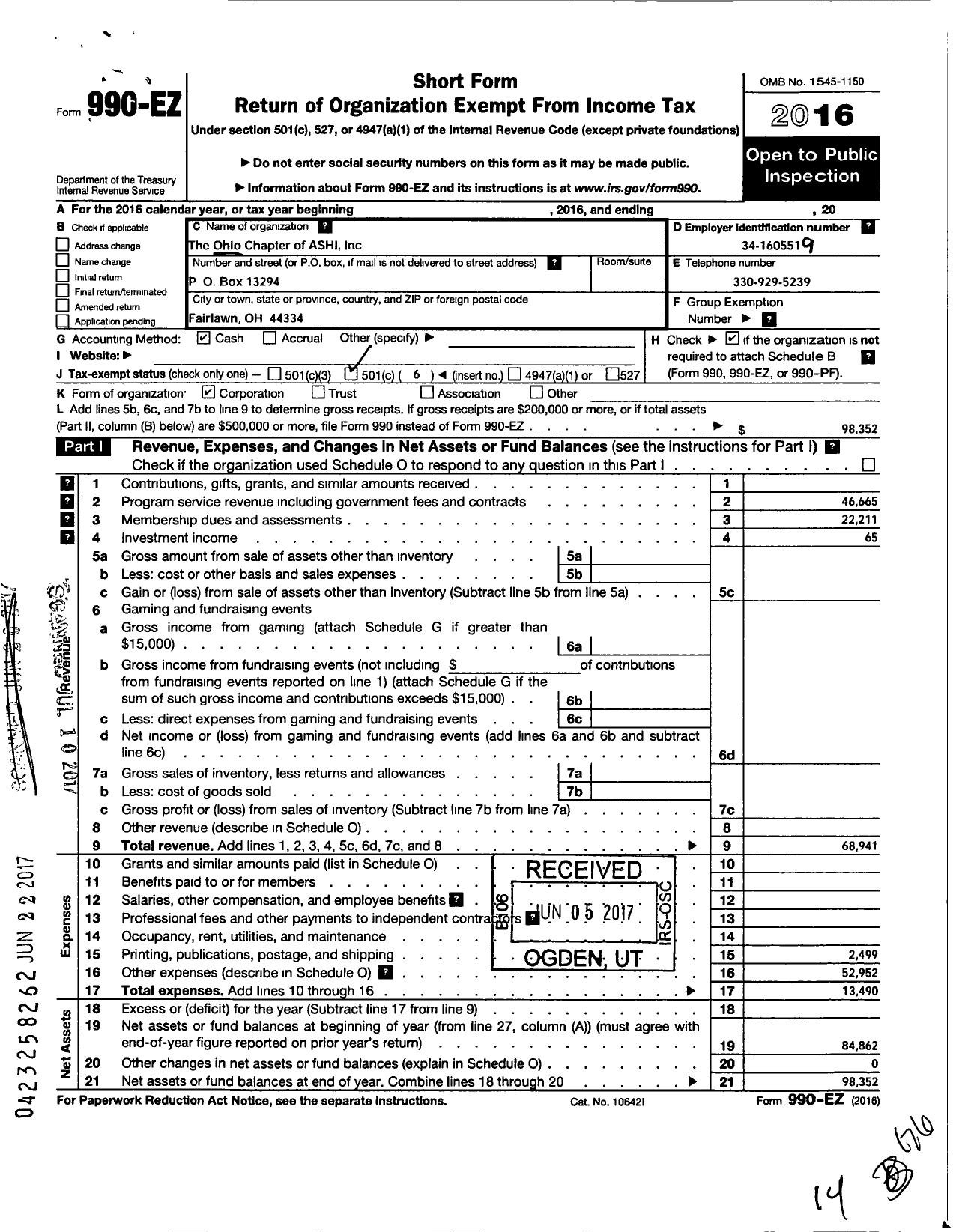 Image of first page of 2016 Form 990EO for Ohio Chapter of Ashi