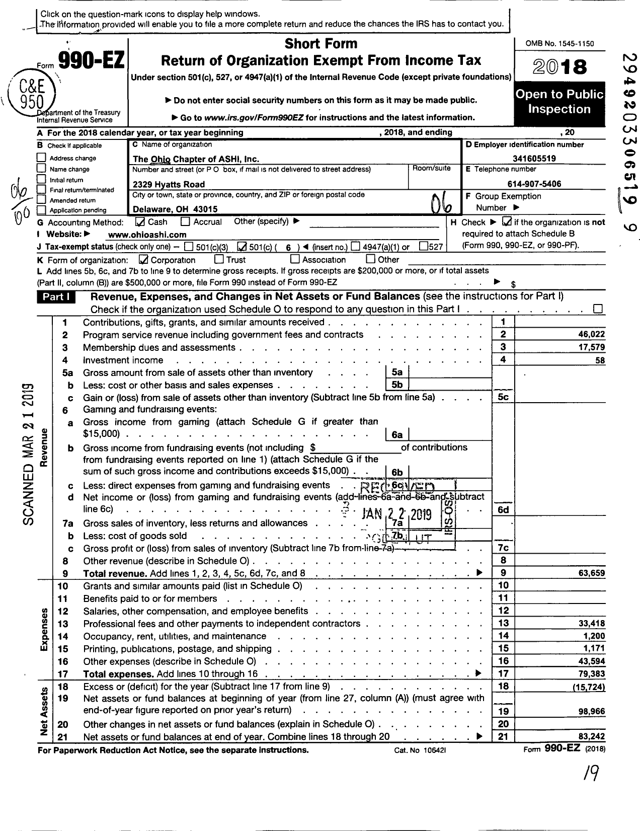 Image of first page of 2018 Form 990EO for Ohio Chapter of Ashi