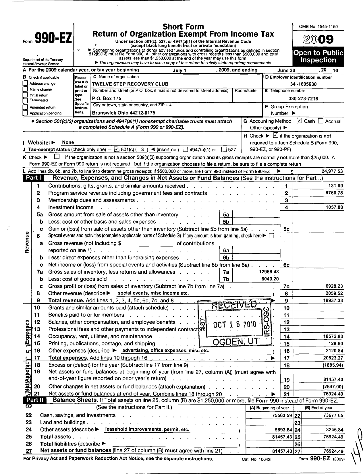 Image of first page of 2009 Form 990EZ for Twelve Step Recovery Clubs