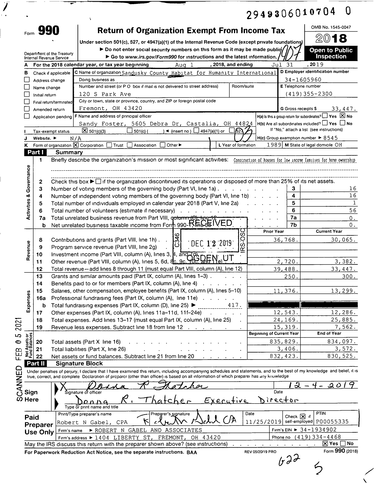 Image of first page of 2018 Form 990 for Habitat for Humanity - Sandusky County HFH