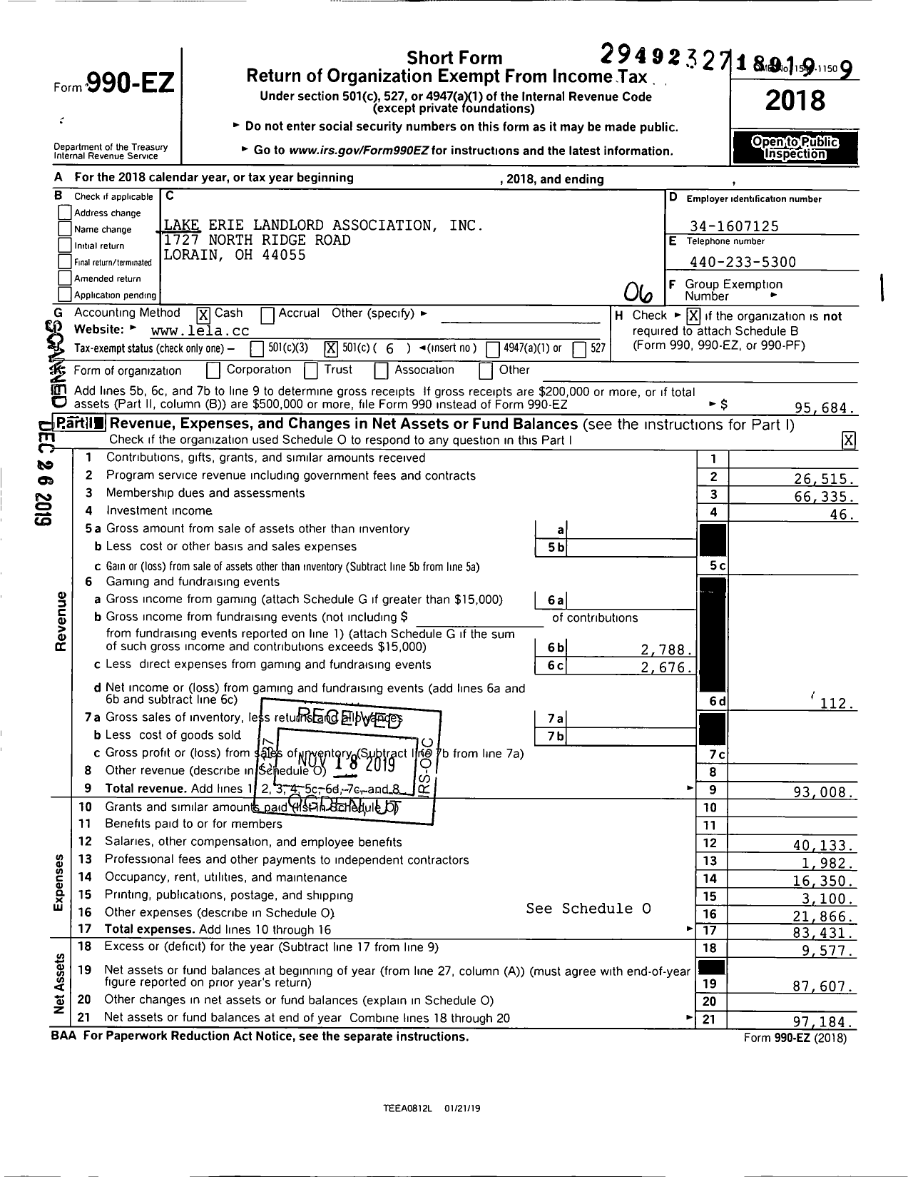 Image of first page of 2018 Form 990EO for Lake Erie Landlord Association Incorporated