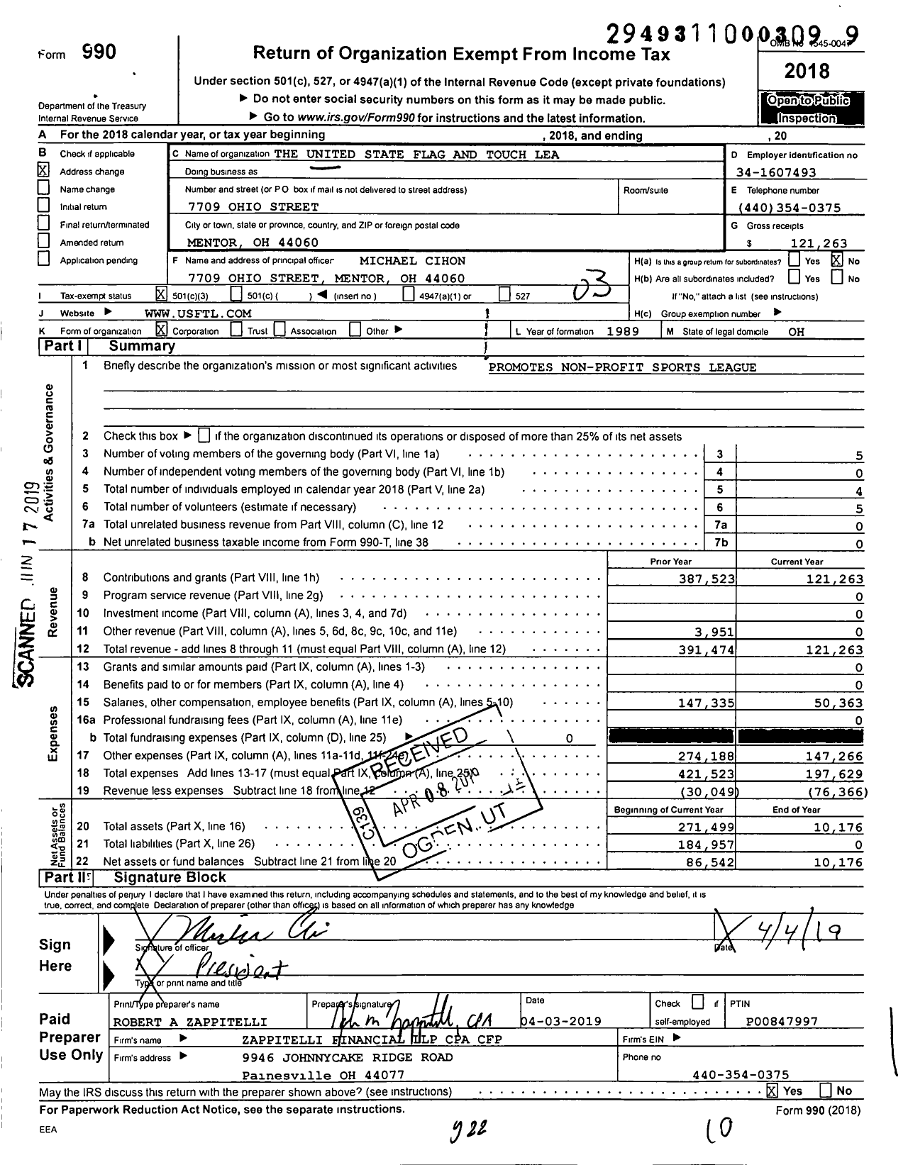 Image of first page of 2018 Form 990 for United State Flag and Touch Lea