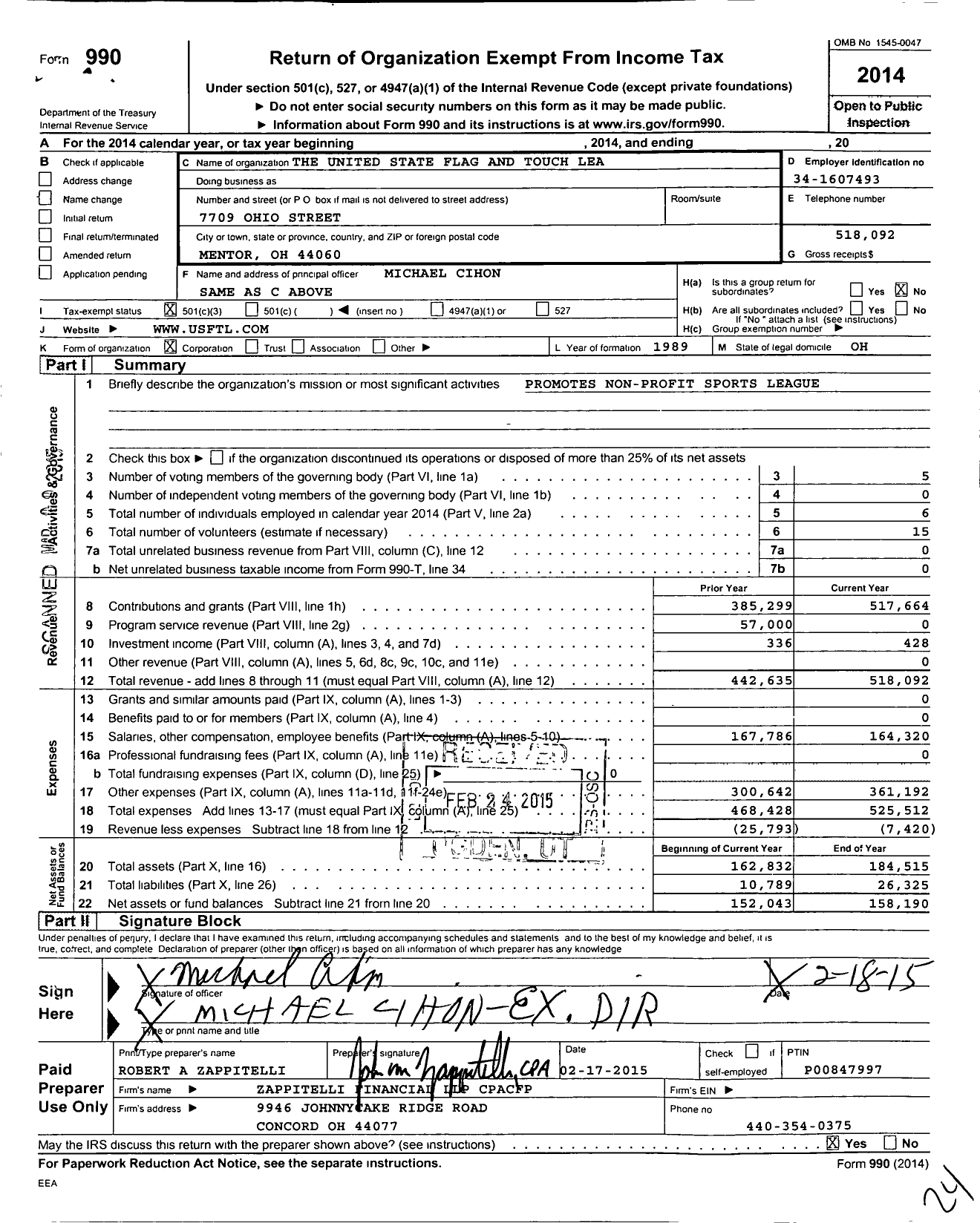 Image of first page of 2014 Form 990 for United State Flag and Touch Lea