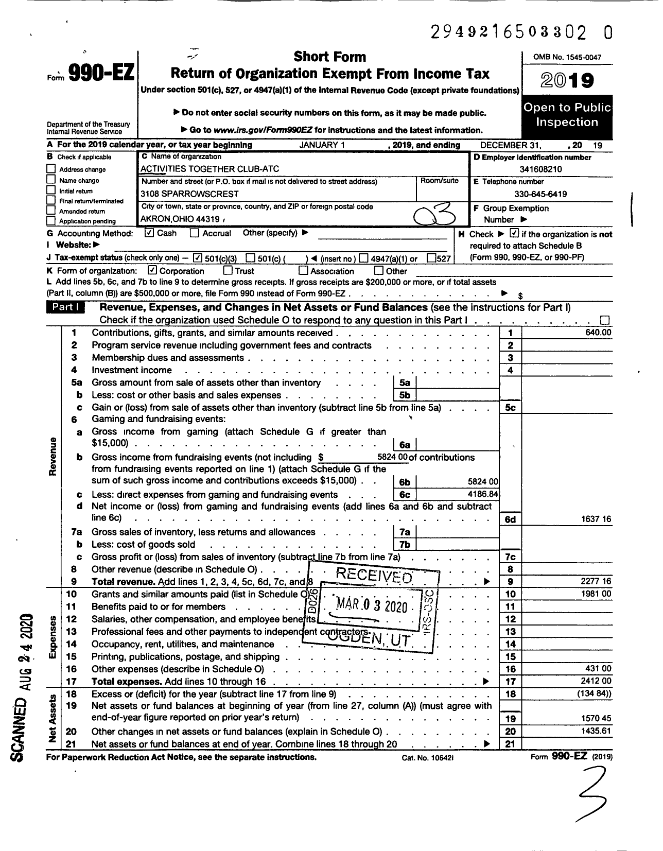 Image of first page of 2019 Form 990EZ for Activities Together Club