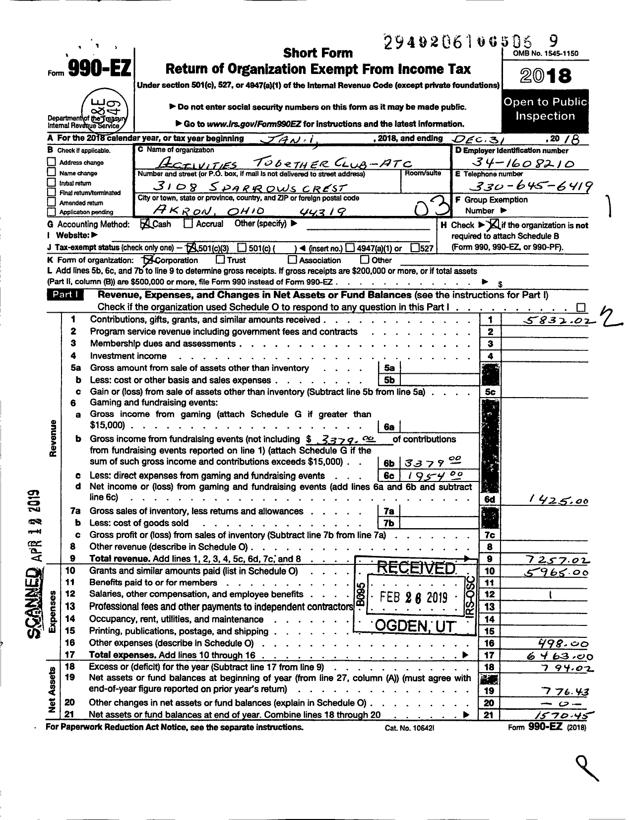 Image of first page of 2018 Form 990EZ for Activities Together Club