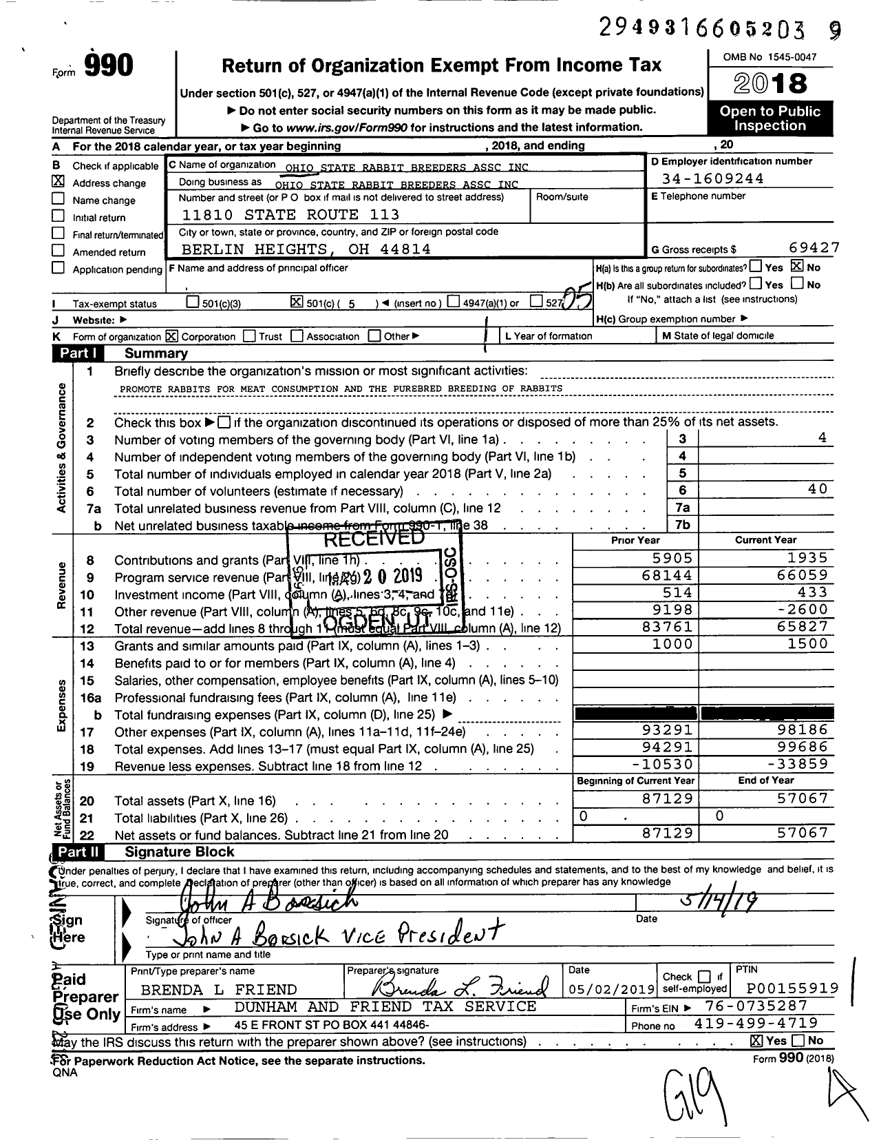 Image of first page of 2018 Form 990O for Ohio State Rabbit Breeders Assc