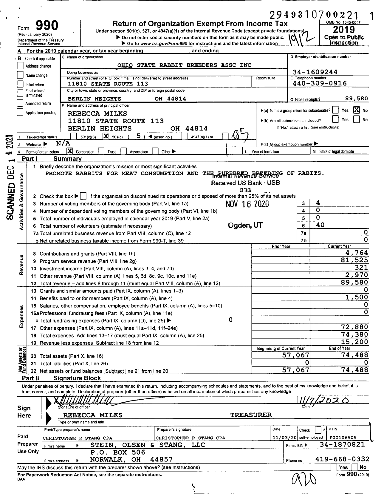 Image of first page of 2019 Form 990O for Ohio State Rabbit Breeders Assc