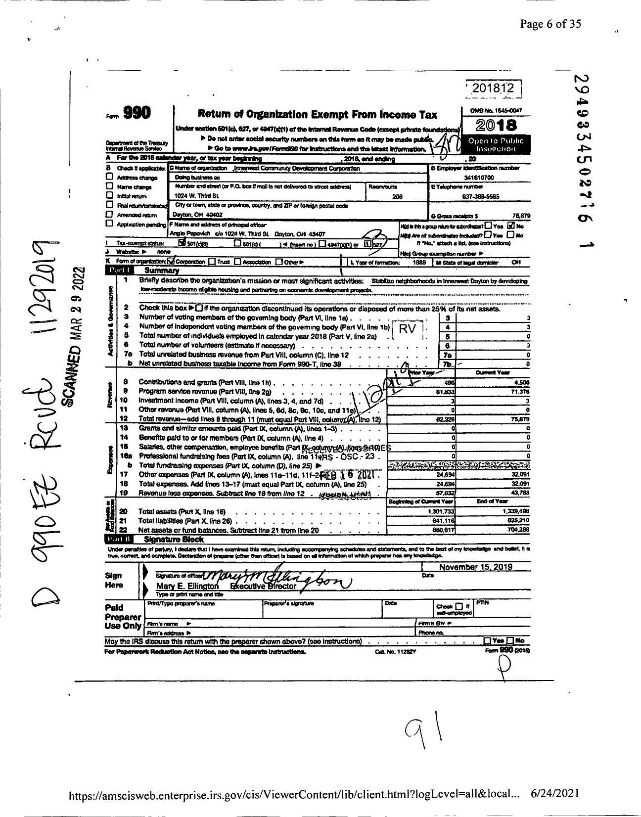 Image of first page of 2018 Form 990 for Innerwest Community Development Corporation