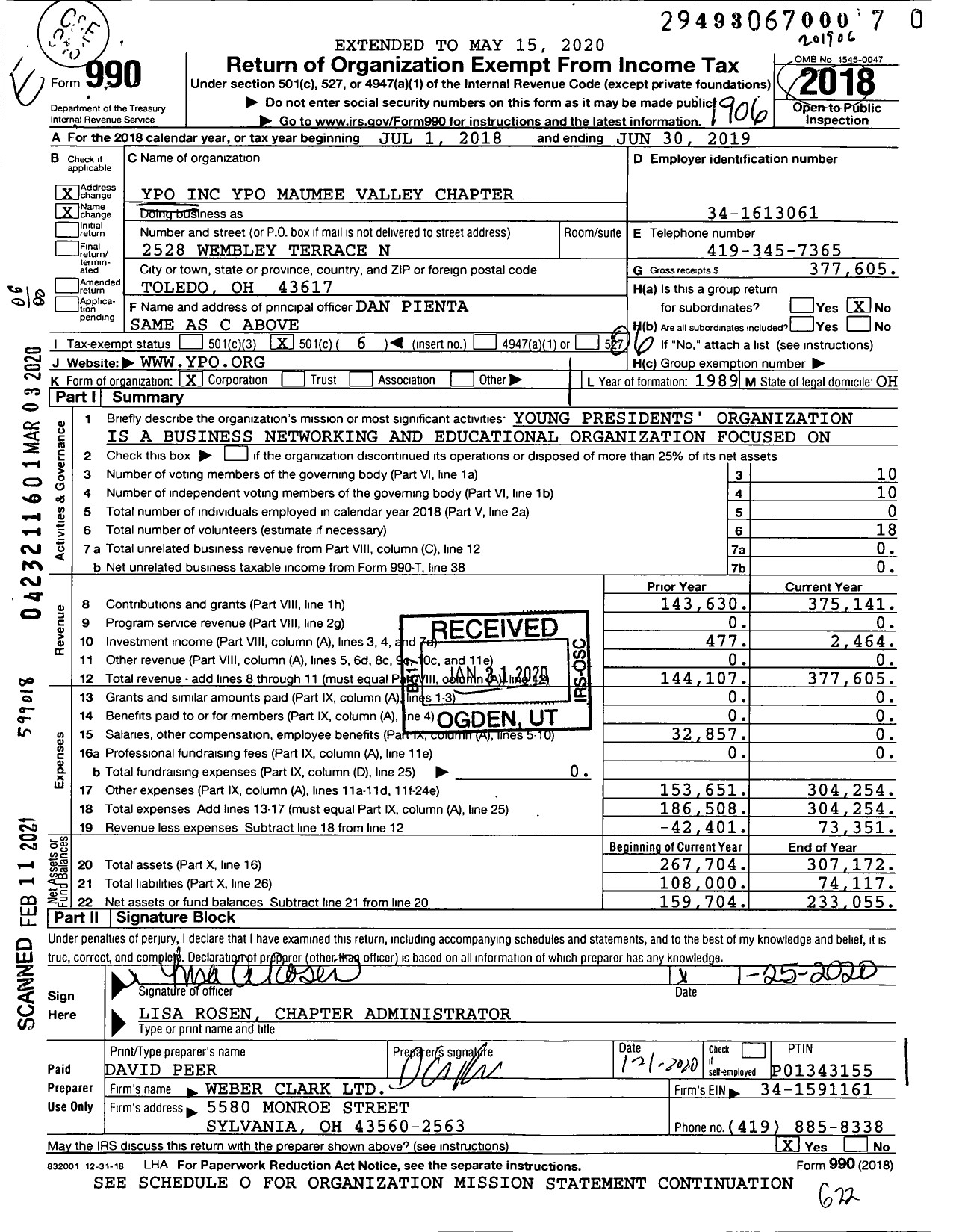 Image of first page of 2018 Form 990O for Young Presidents' Organization - YPO Maumee Valley Integrated