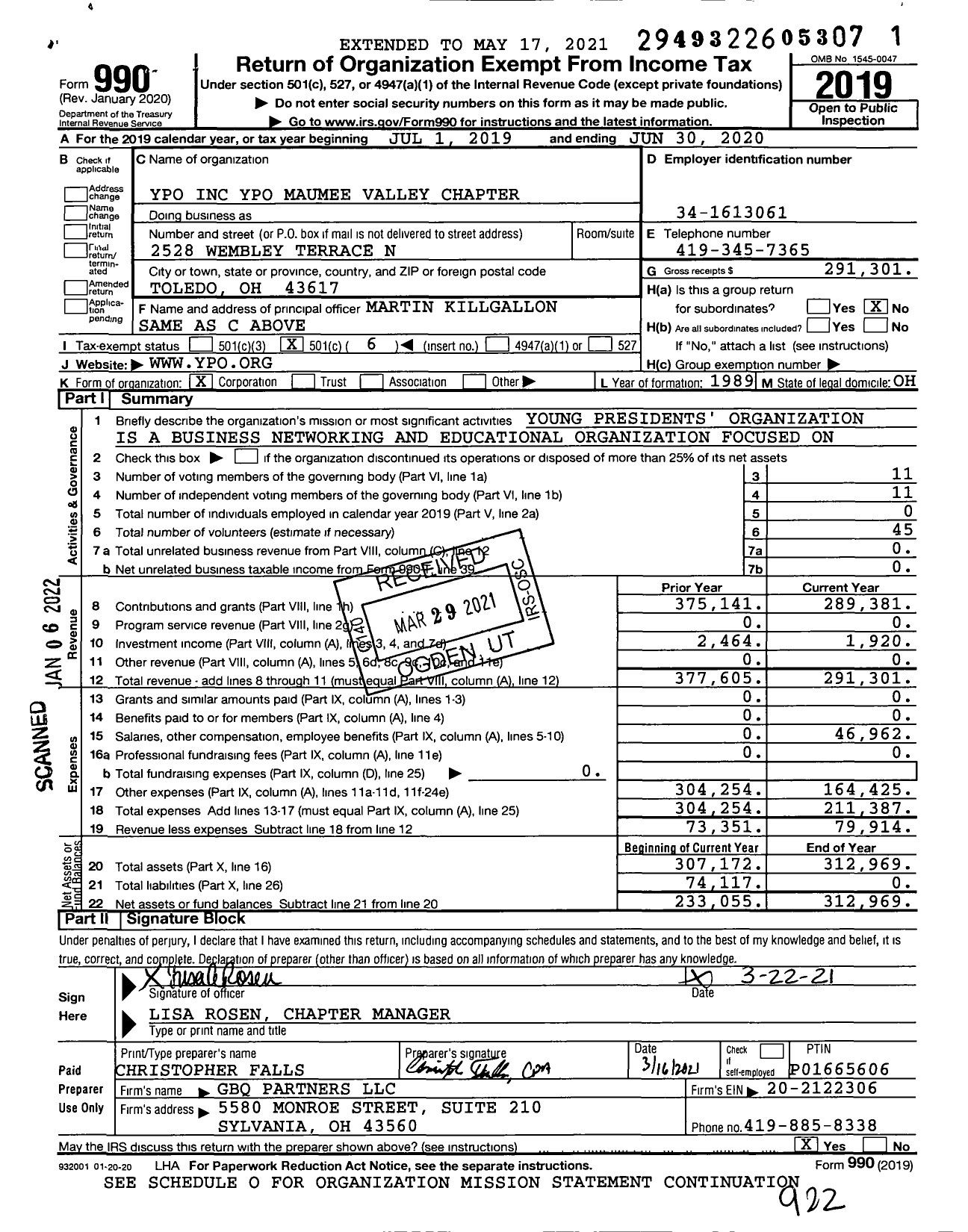 Image of first page of 2019 Form 990O for Young Presidents' Organization - YPO Maumee Valley Integrated