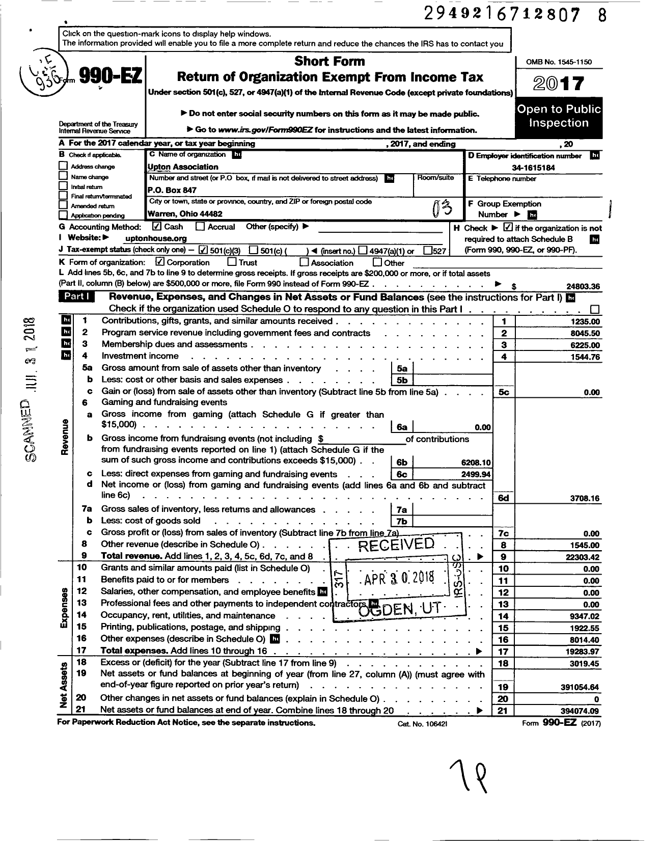 Image of first page of 2017 Form 990EZ for Upton Association