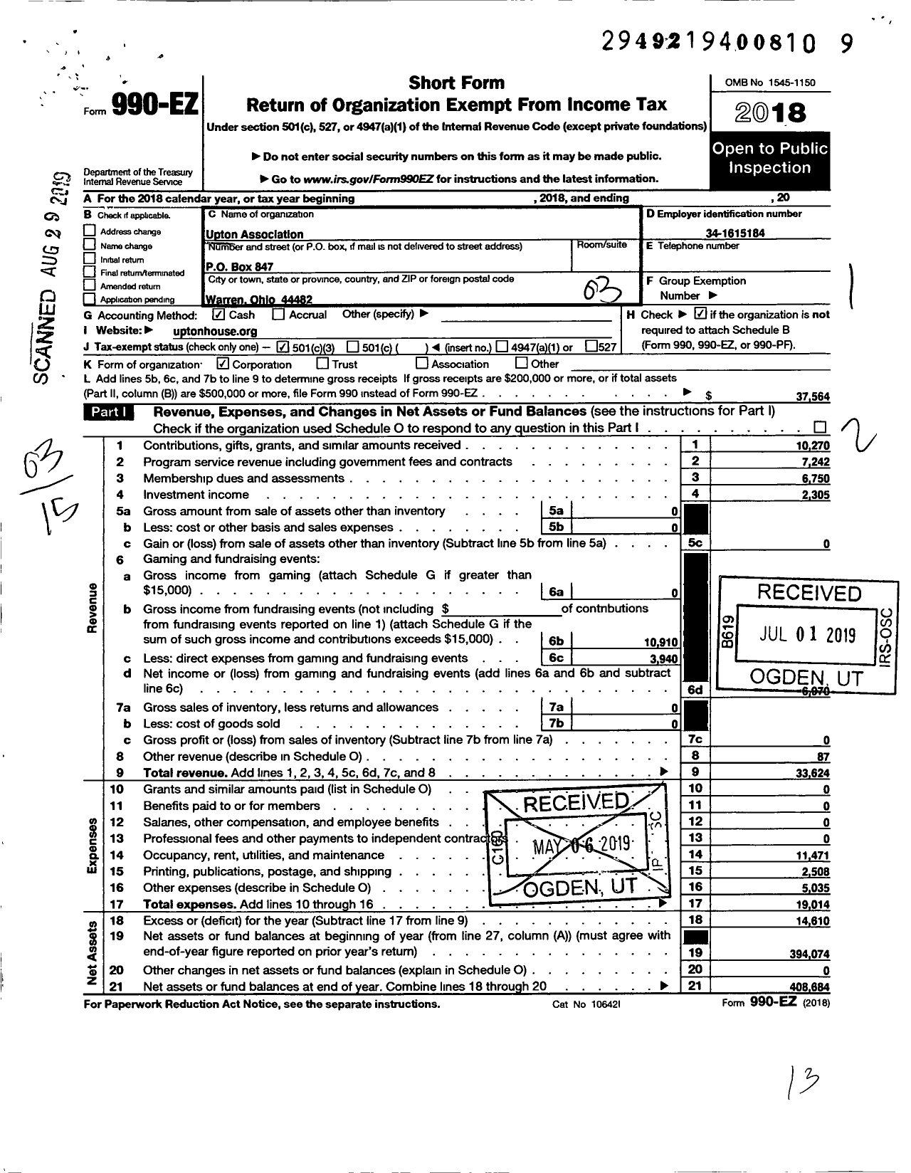 Image of first page of 2018 Form 990EZ for Upton Association