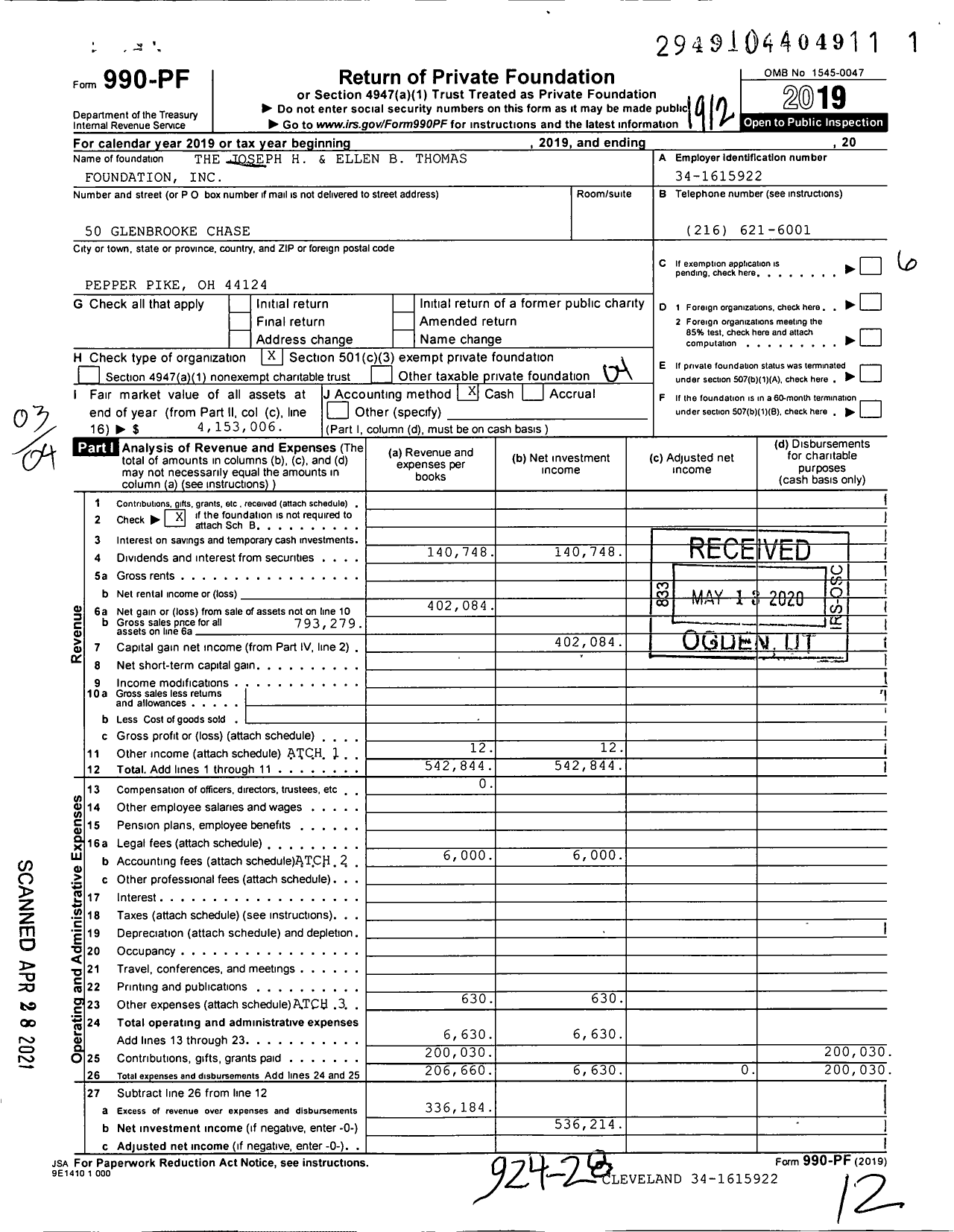 Image of first page of 2019 Form 990PF for The Joseph H and Ellen B Thomas Foundation