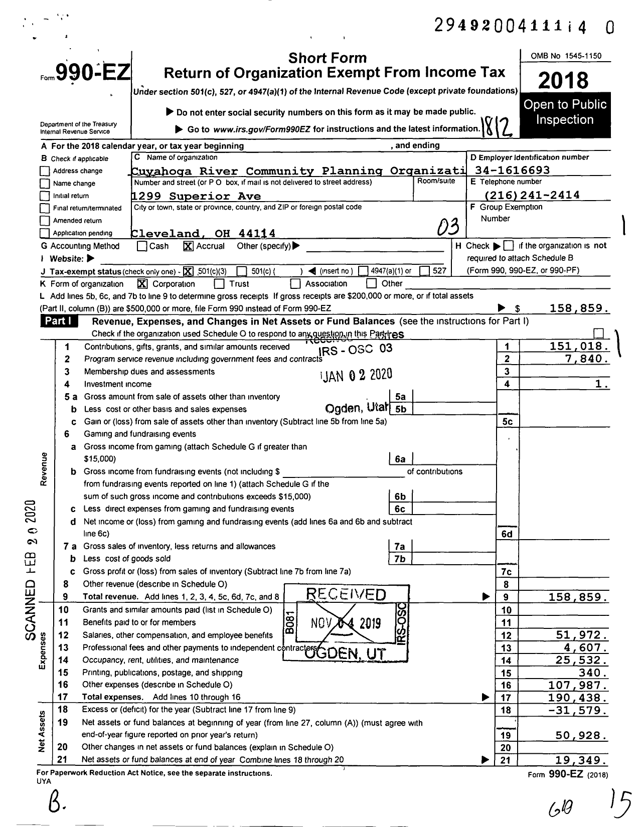 Image of first page of 2018 Form 990EZ for Cuyahoga River Community Planning Organization