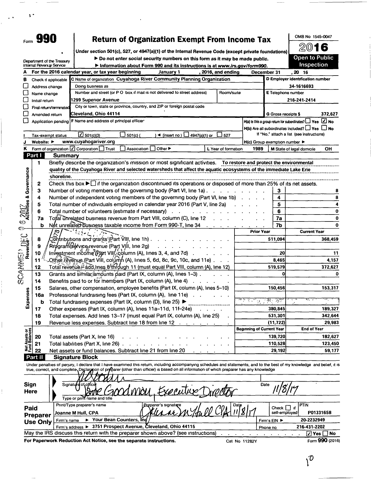 Image of first page of 2016 Form 990 for Cuyahoga River Community Planning Organization