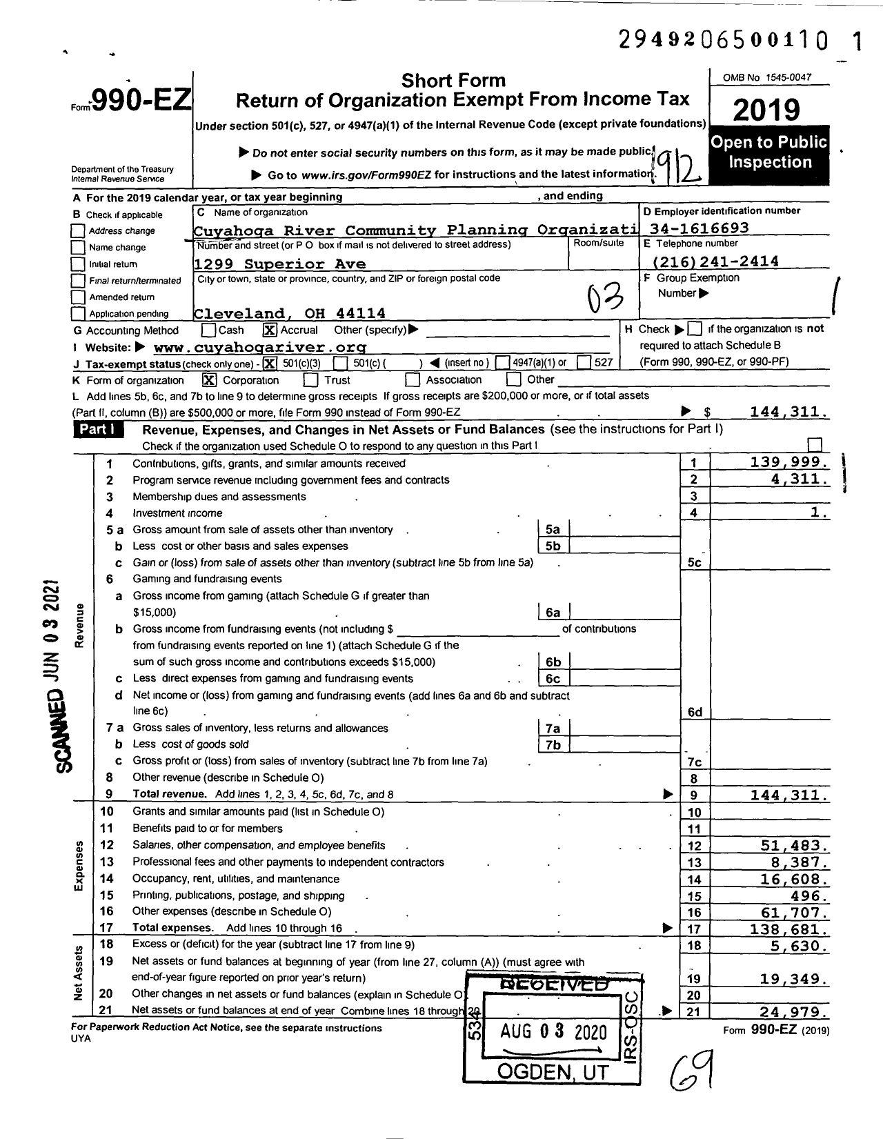 Image of first page of 2019 Form 990EZ for Cuyahoga River Community Planning Organization