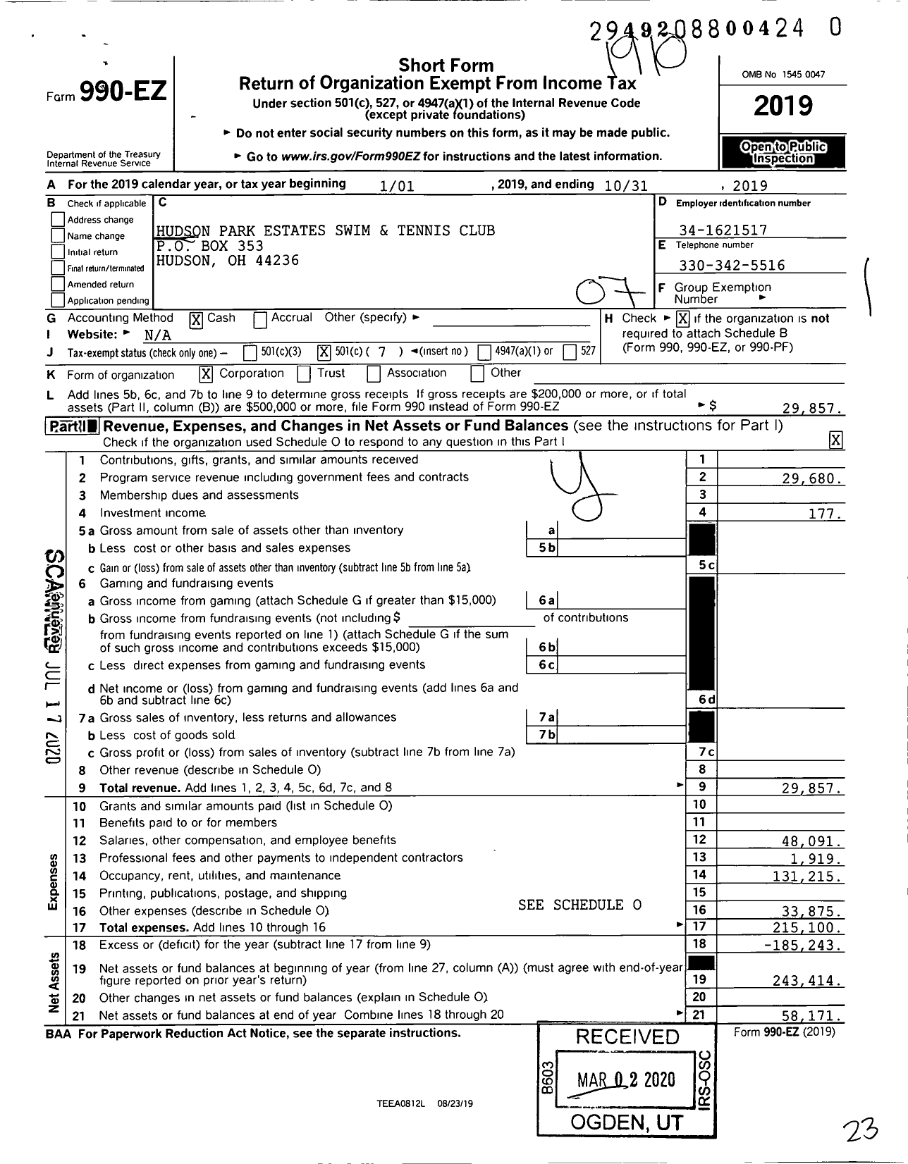 Image of first page of 2018 Form 990EO for Hudson Park Estates Swim and Tennis Club