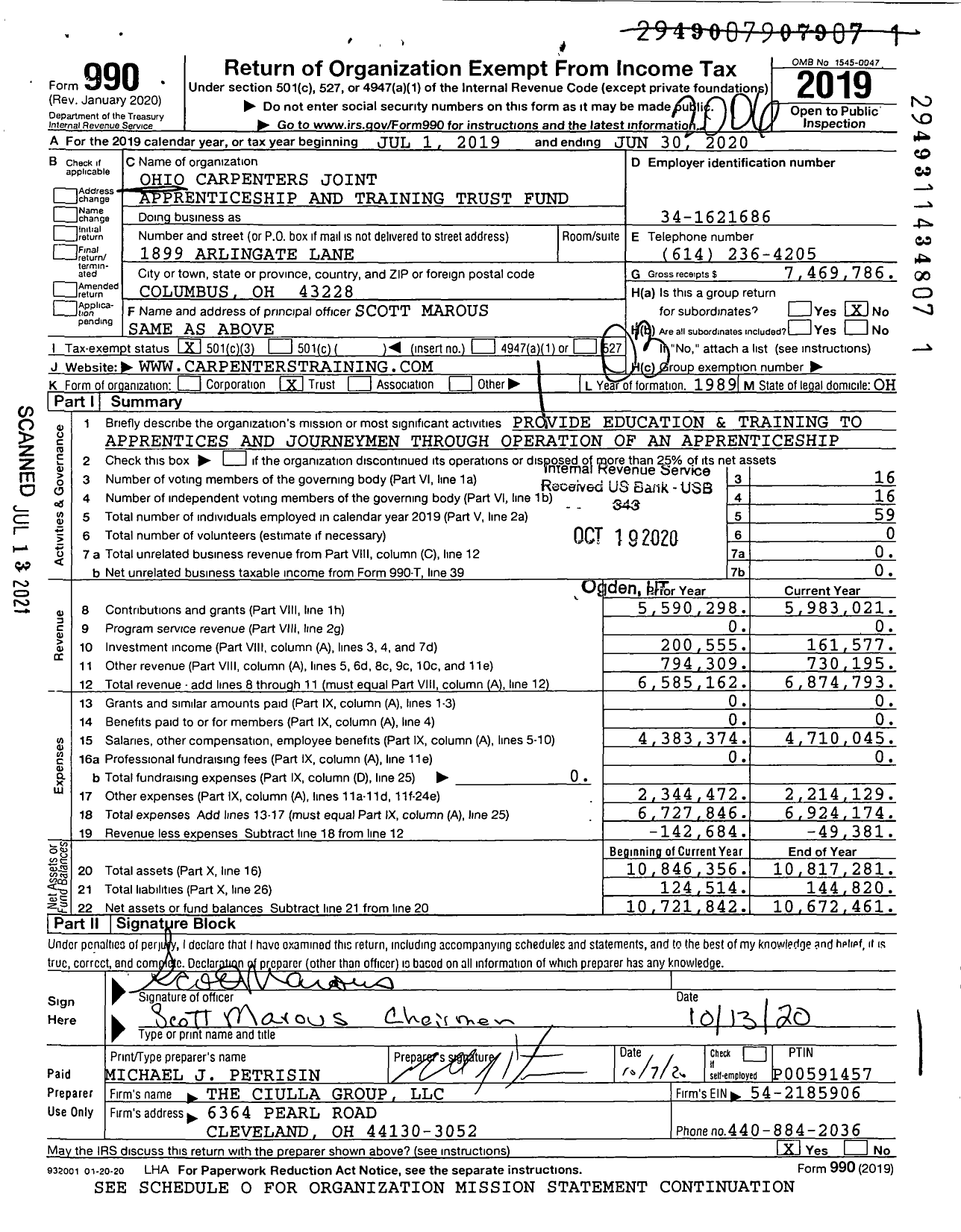 Image of first page of 2019 Form 990 for Ohio Carpenters Joint Apprenticeship and Training Trust Fund